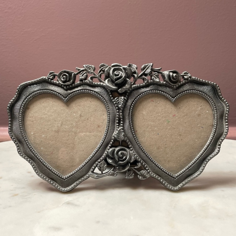 Gothic Hearts Small Double Picture Frame Pewter Metal